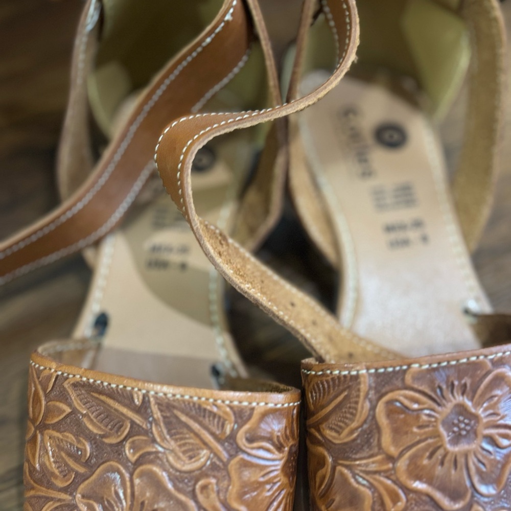 Women's Tan Floral Tooled Leather Slide Sandals - Picture 2 of 5